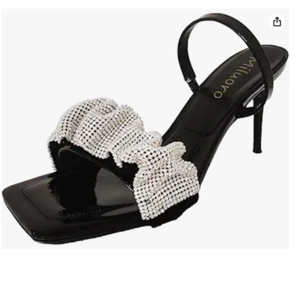 Elegant Rhinestone Squared Open Toe Stiletto Heel… - image 1